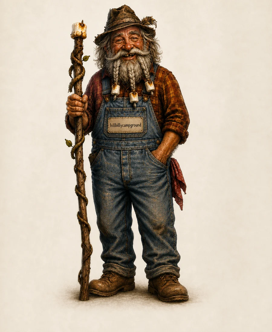 Billy, a smiling bearded woodsman in a weathered hat and overalls, holding a rustic walking staff topped with a toasted marshmallow.